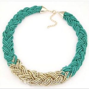 Turquoise Gold Choker Braid Multi Strand Necklace